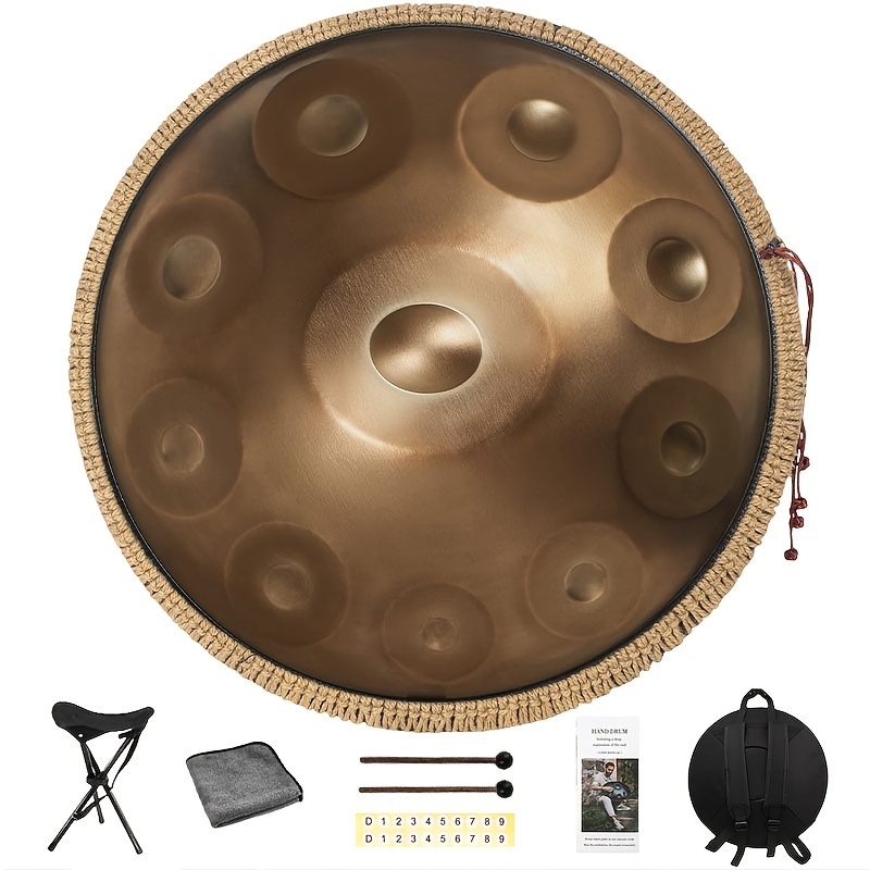 22 Inch 10 Notes Handpan Drum, D Kurd Steel Tongue Hand Pan Drum For Adults Yoga Meditation, Sound Instrument Gift For Beginners With Soft Bag, Hand , Stand, Dust-free Cloth, Sound Stickers