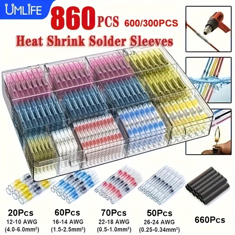 

860/600/300pcs Waterproof Solder Seal Wire Connectors, Heat Shrink Butt Connector, Insulated Electrical Butt Splice Wire Terminals For Marine Automotive Boat Truck Wire Joint