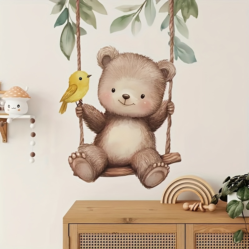 1pc Modern Cute Bear & Swing Sticker - Animal Print Pvc Self-adhesive Decal For Plastic Surfaces, Irregular Shape Glossy Finish Home Decor For Living Room, Bedroom, Dorm, School, Bear Decor For Home