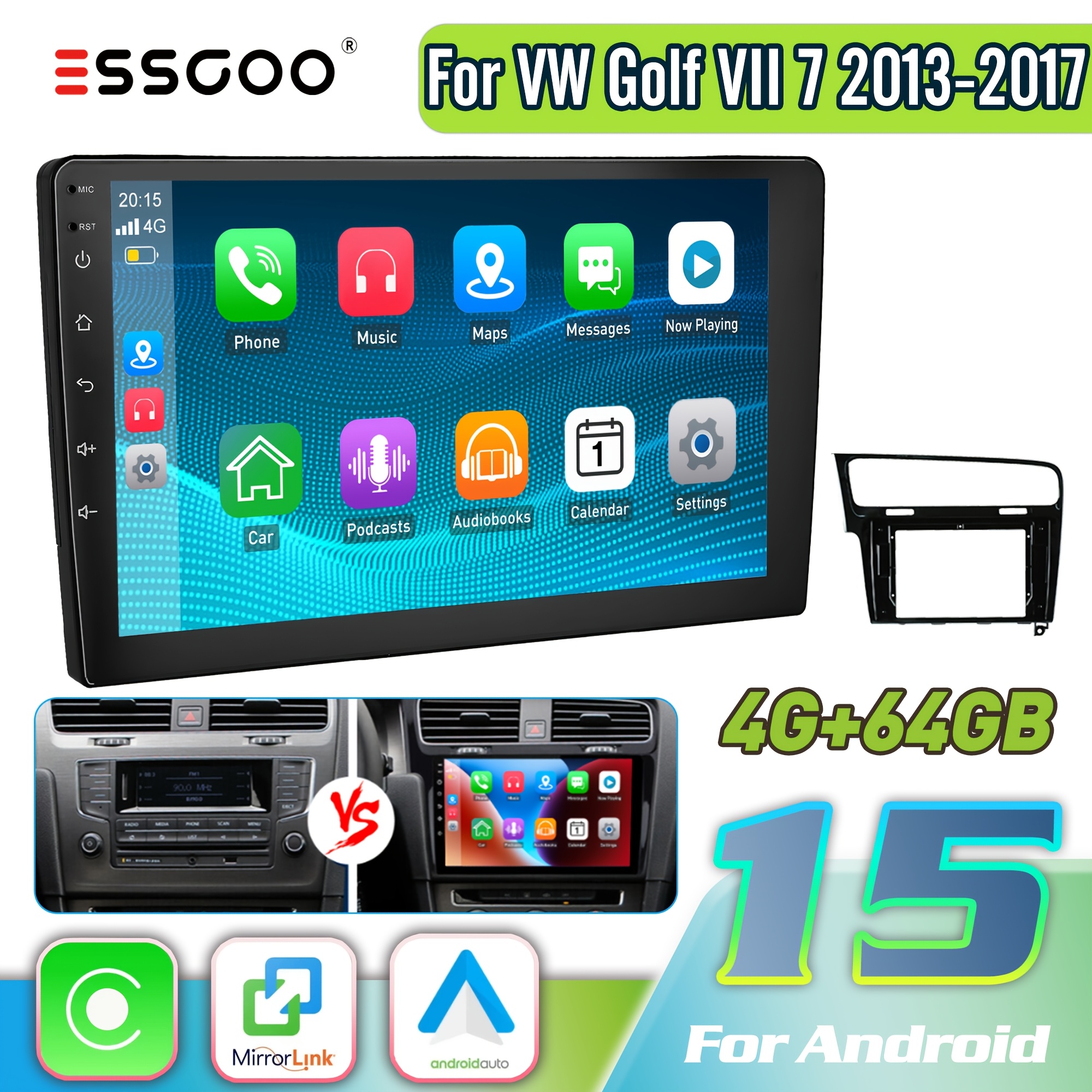 Essgoo For Vw Golf Vii 7 2013-2017 10.1 Inch 15 Smart | Seamless / Auto | Ips Touchscreen | 4gb + 64gb Storage | Real-time | Steering Wheel Control & Backup Camera Compatibility |