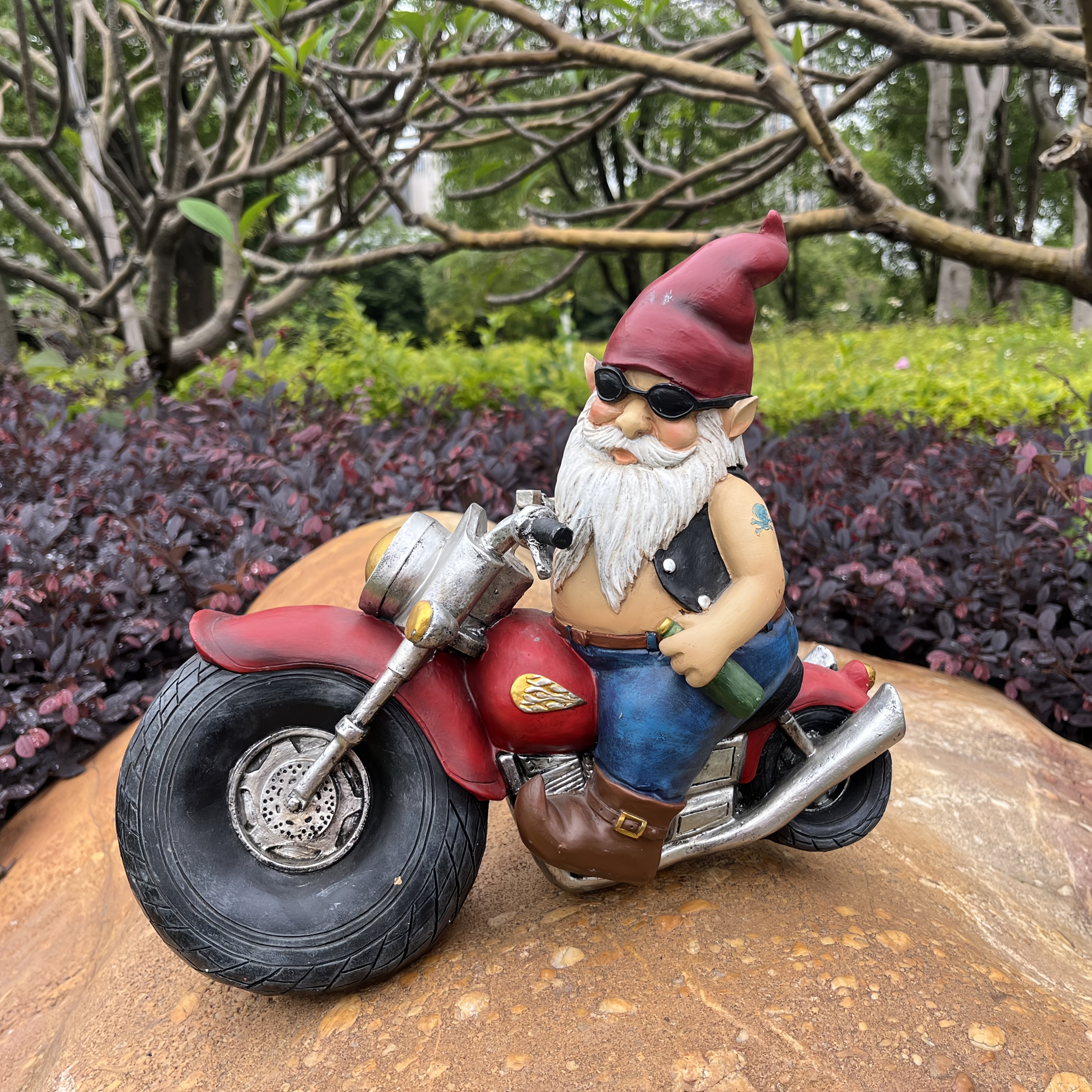 Image of Motorcycle Gnome Decoration, Resin Dwarf Statue, Outdoor Courtyard Lawn Garden Gnome Statue, Dwarf Sculpture, Motorcycle Sculpture, Patio Decorative Piece, Size: 12.99x4.72x10.43 (inch)