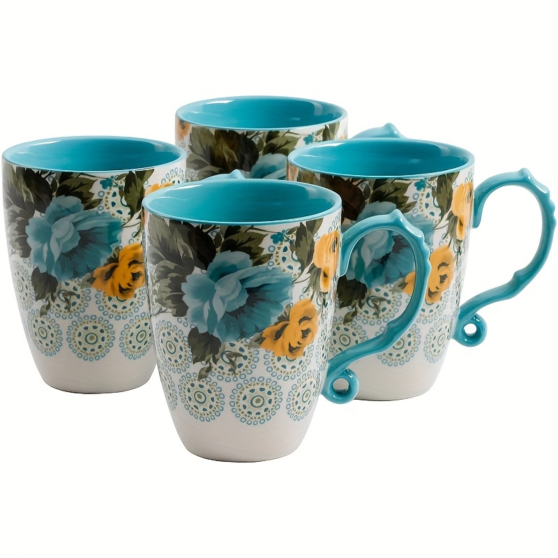 

4-piece Rose Shadow Turquoise Floral Stoneware Latte Mug Set - 26-ounce - Enjoy Your Favorite Beverages In Style