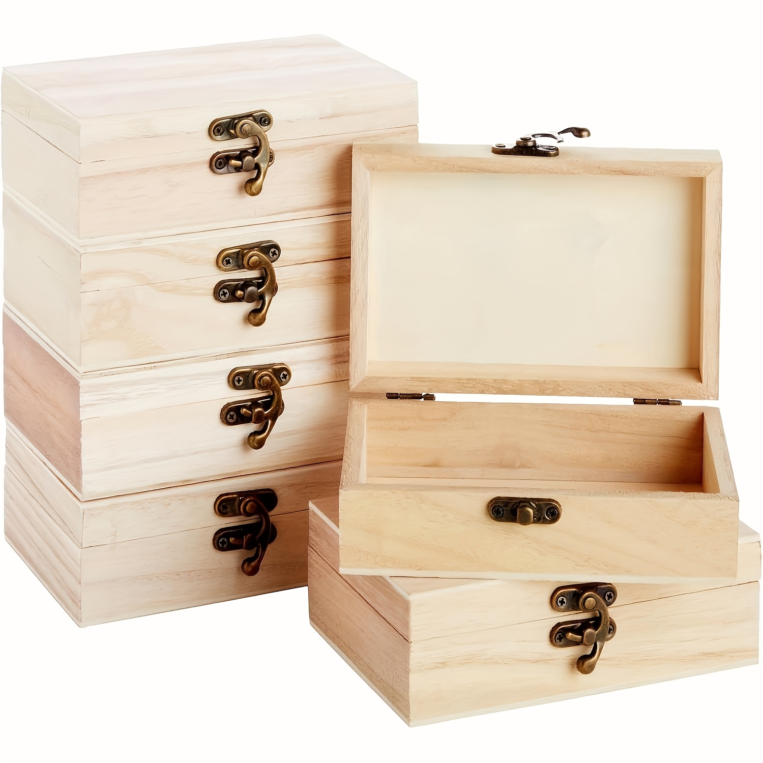Image of 6pcs Wood Craft Boxes With Hinged & Front - Storage For Jewelry, Crafts & More - 15.24x10.16x5.08cm, Utility Hooks, Jewelry Boxes