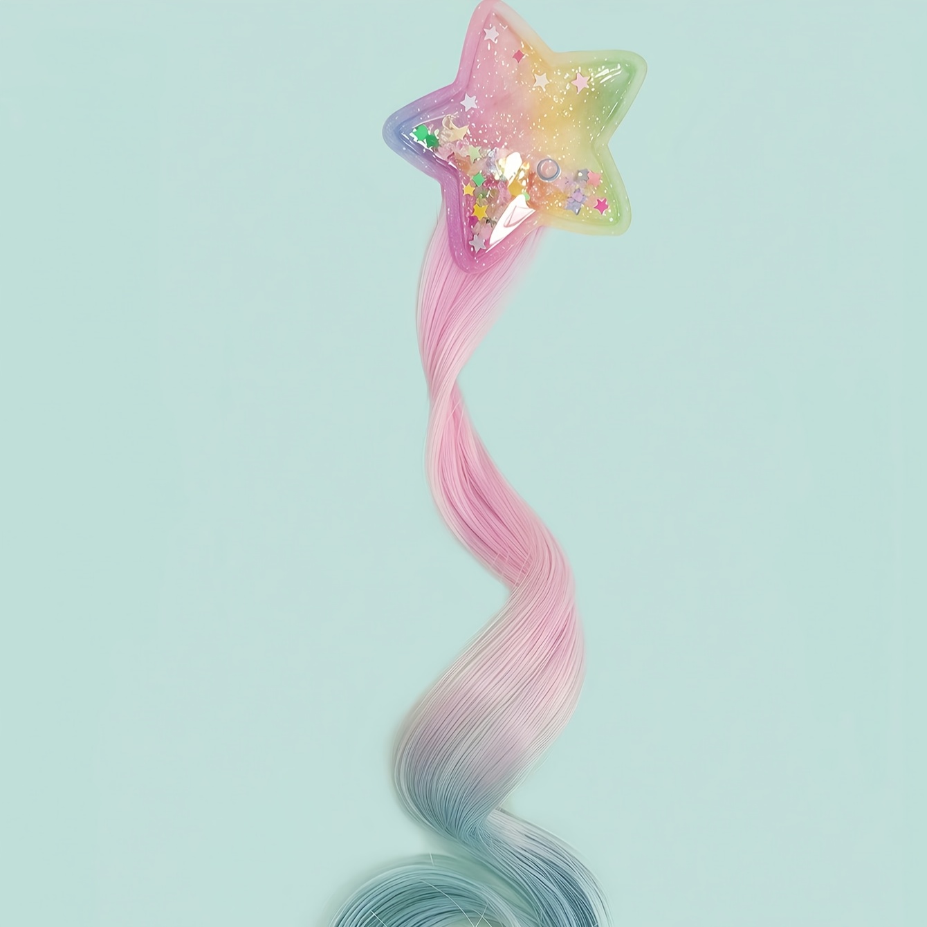 A Sweet And Adorable Wig With A Gradient Of Powder Blue And Flowing Sand Five-pointed Stars, Featuring Korean-style Hair Clips, Suitable For Everyday Occasions