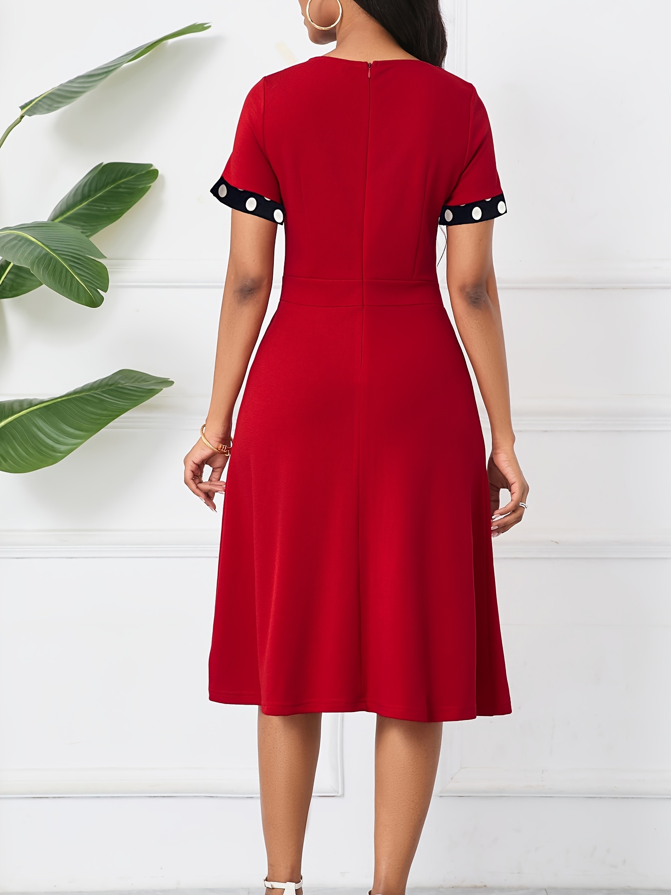 elegant womens red polka dot midi dress short sleeves - Temu United Arab  Emirates