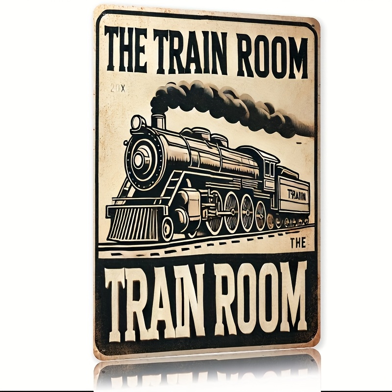 TEMU 2d Flat - A Vintage- Wall Decoration Featuring A 2d Flat Design Of An With The Words "the Train Room". This Black And White Piece Is Perfect For