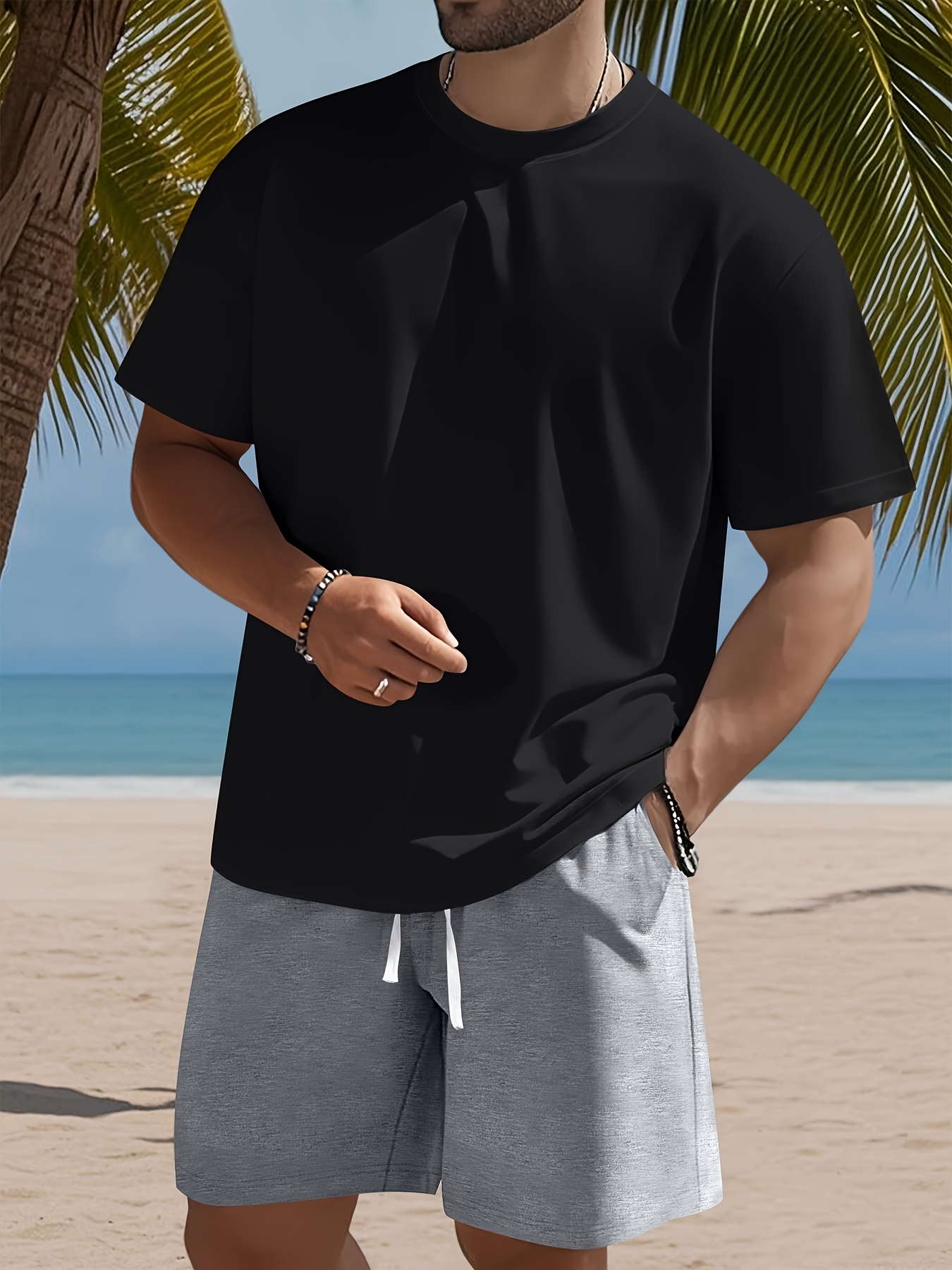 Men's Set, Solid Color Crew Neck Knit T-Shirt with Drawstring Cotton Shorts, Slightly Stretchy Fabric, Comfortable and Breathable, Perfect for Spring/Summer Outdoor Leisure and Sports, Keeps You Light and Carefree