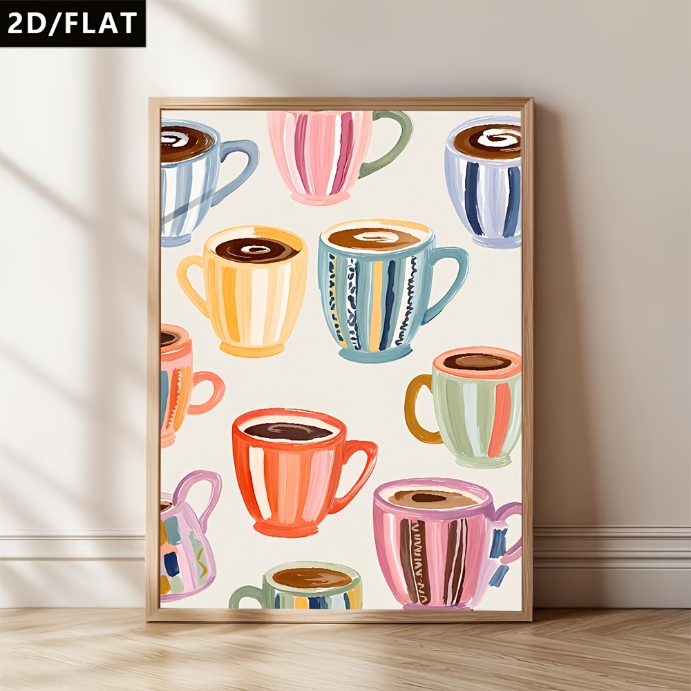 TEMU 2d Flat, 2d Flat, 2d/flat 1pc Multiple Colorful Coffee Cup Themed Decorative Paintings, Modern Minimalist Hand-painted Canvas Posters, Wall Art,