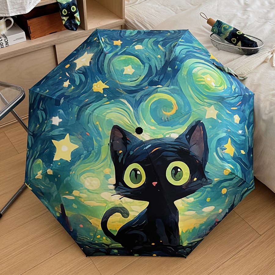 

1pc Van Gogh Inspired Black Cat Pattern Folding Umbrella, Casual Cute Fashion Style, Manual Open, 8 Ribs, & Iron Material, Foldable Sunshade With Uv Protection