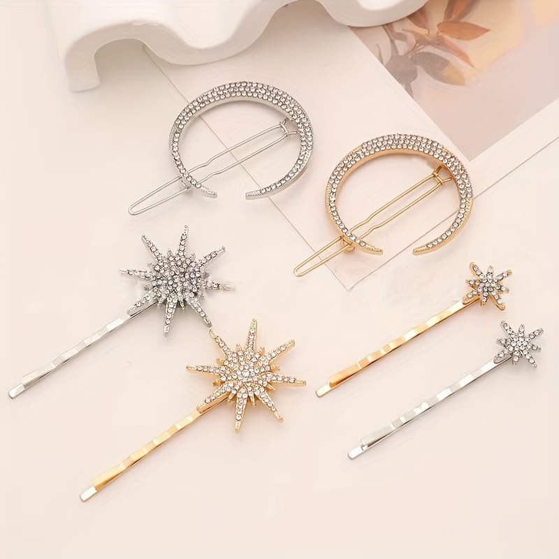 

3pcs Ramadan Elegant Bling Bling Rhinestone Decorative Hair Side Clips Crescent Moon Star Decorative Hair Fringe Clips For Women And Daily Use