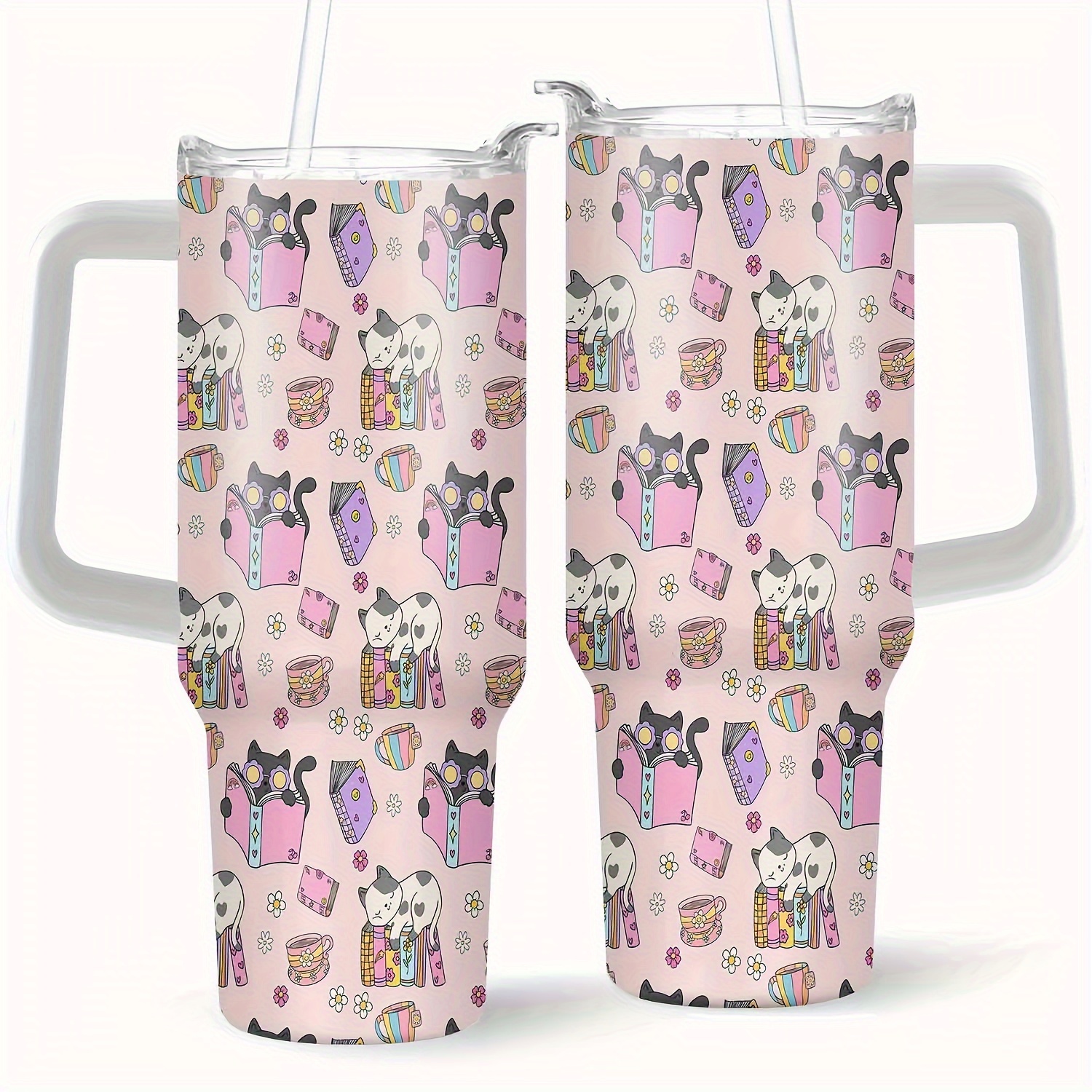 

40oz Insulated Cat Print Stainless Steel With Handle, Lid & Straw - Bpa Free, Hand Wash Only, Animal Pattern Travel Mug - Reusable & Non-slip For Gifting