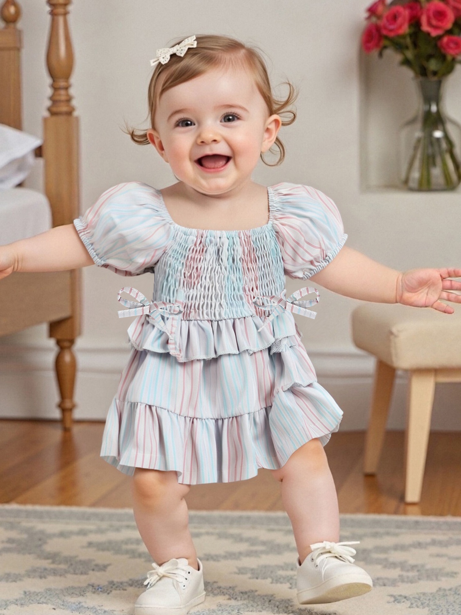 newborn girl short sleeve dress, solid color hollow out ruffles decor ,  casual -piece clothes | Today's Deals | Temu