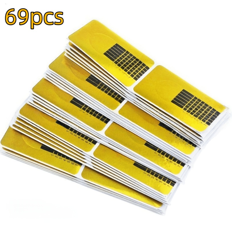 TEMU 69pcs Gabarits d'extension d'ongles dorés auto-adhésifs, Stickers de guide de nail art, Gabarits d'extension d'ongles jetables en acrylique/Gel