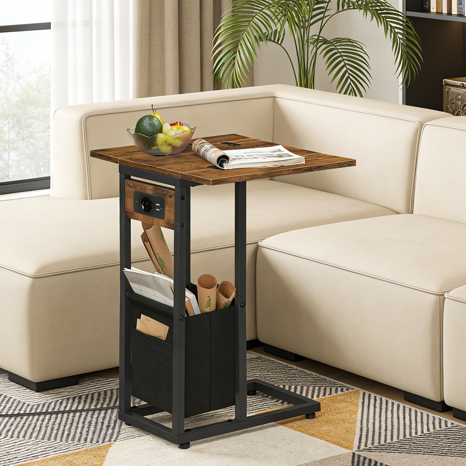 Image of Folding Side Table, Rechargeable Type-c Side Table With Storage Cloth Bag, With Power Outlet + Dual Usb Interface Bedside Table, For Living Room, Brown And Black Color Scheme