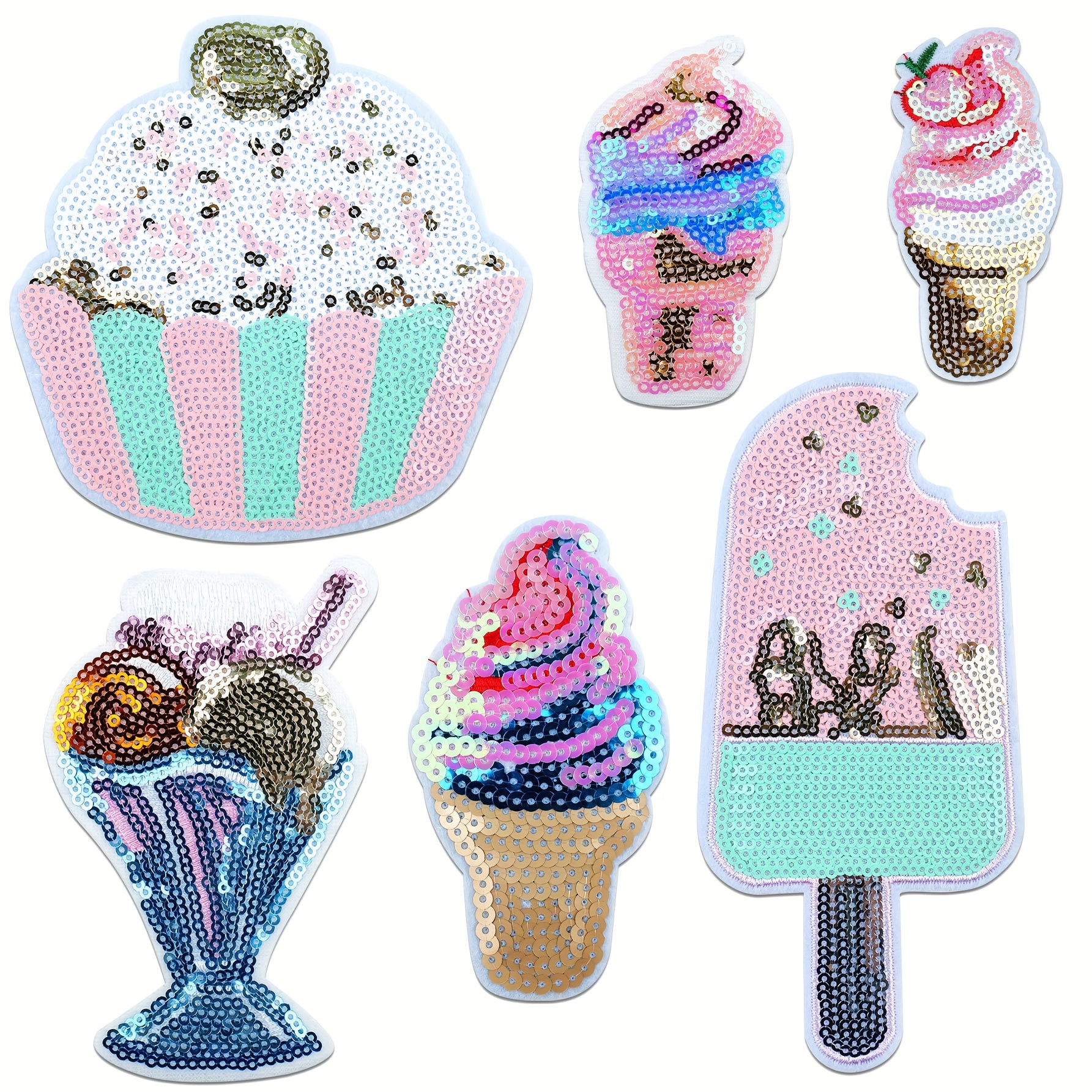 Image of 6pcs Sequin Ice Cream Pattern Embroidered Patches, -on/sew-on Transfer Appliqués, Perfect For Clothing, Jeans, Shoes, Bags, Hats, Hat Repair And Decorations
