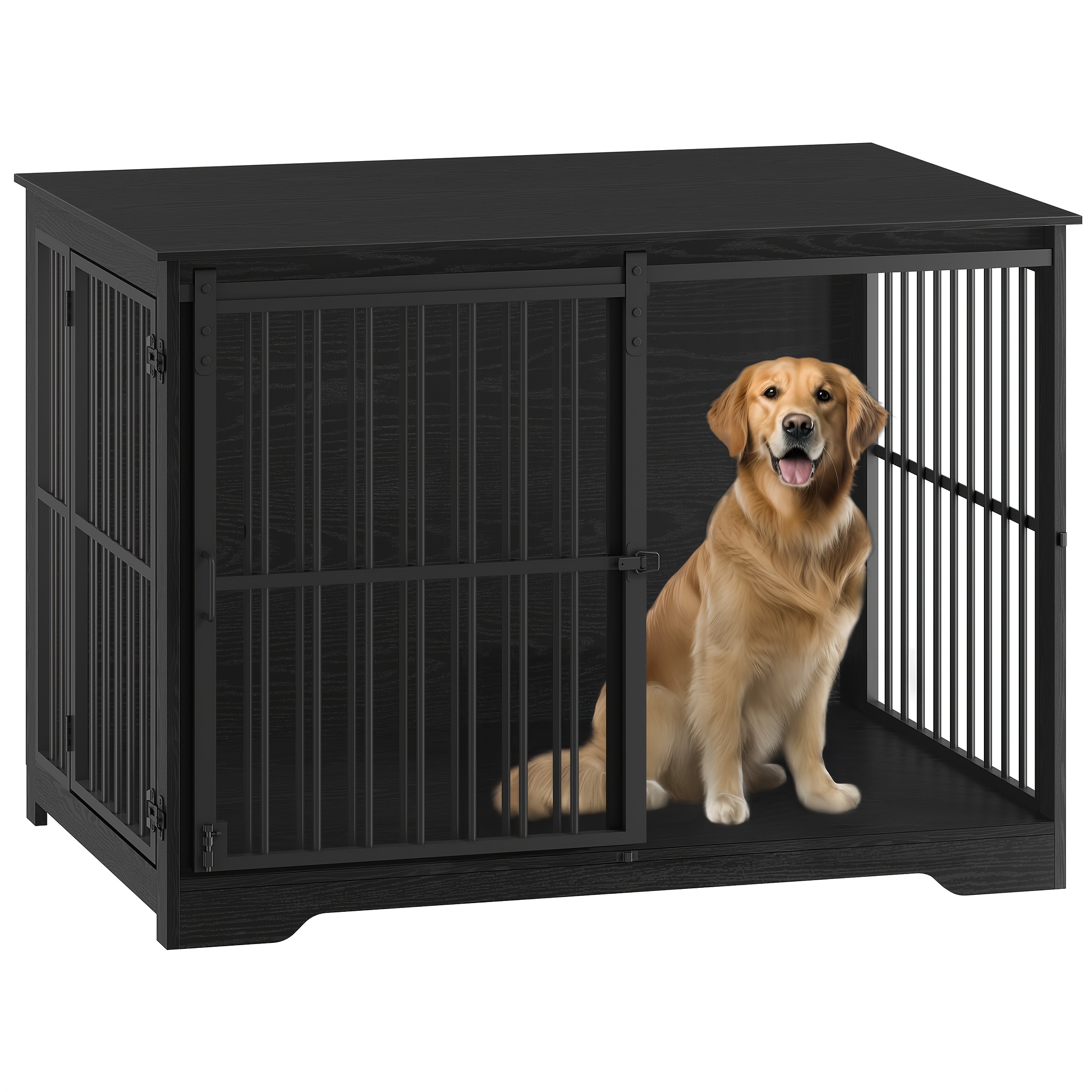 Dog Cage Furniture, 110 Cm Dog Crate, 2 Doors, Modern Indoor Dog Cage For Small/medium/large Dogs Up To 100 Kg, Side Table, Reinforced Sliding Door, 65 X 108.5 X 81 Cm, Black