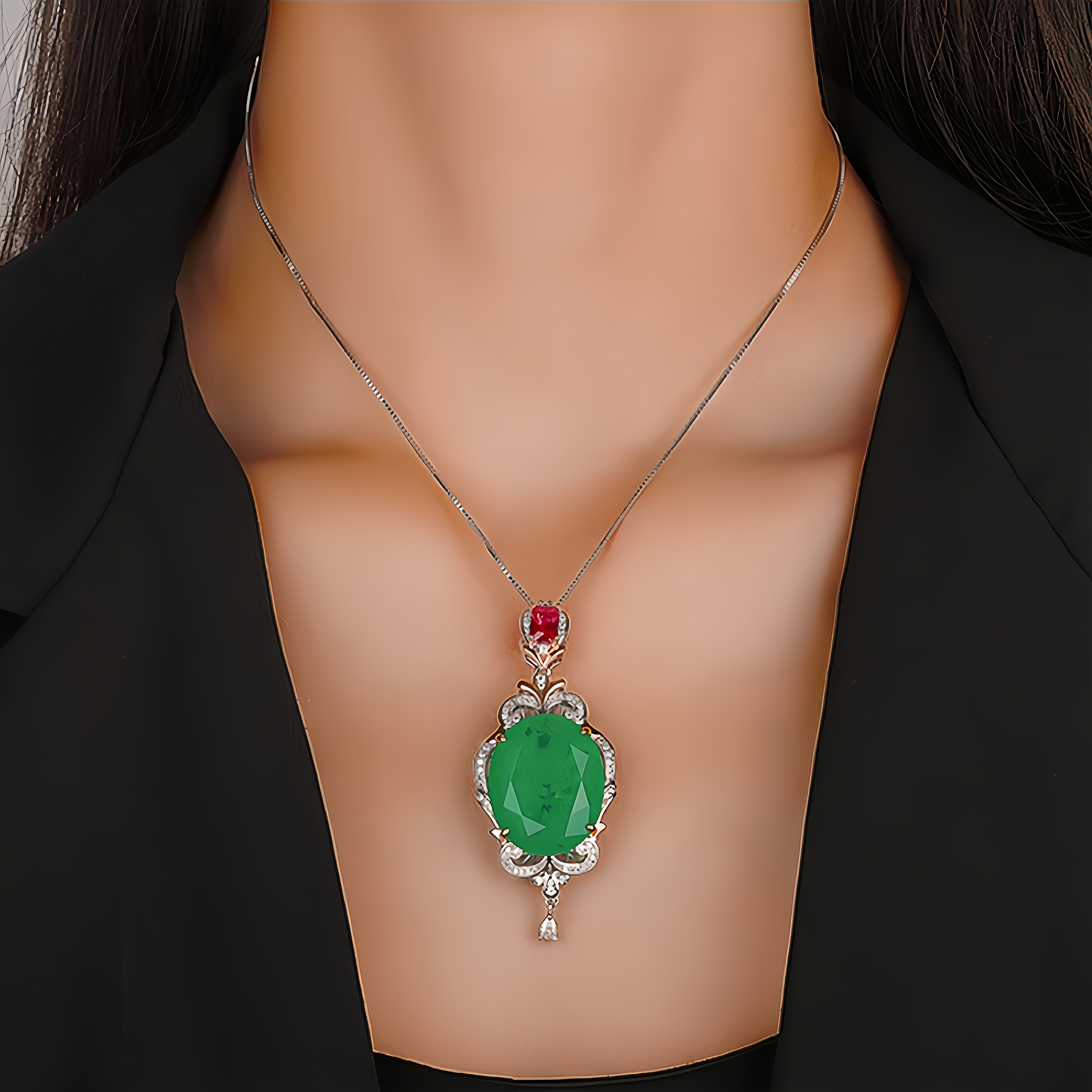 Elegant Necklace Heavy-Duty Large Oval Pendant with -Green Red  Accent Beads, Golden plated Plated Statement for, Mother's Day,  Valentine's,