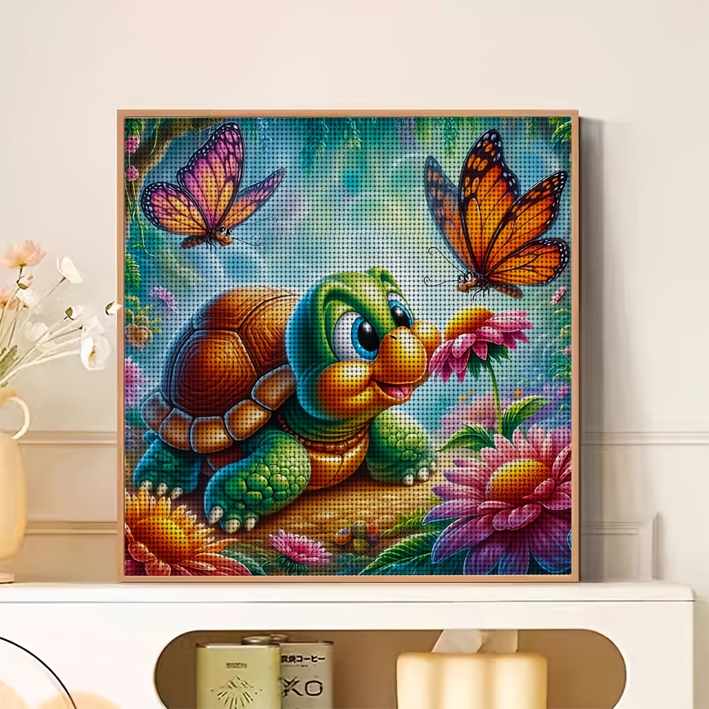 Frameless Cross-Stitch Kit, Cute Turtle with Flowers and Butterflies