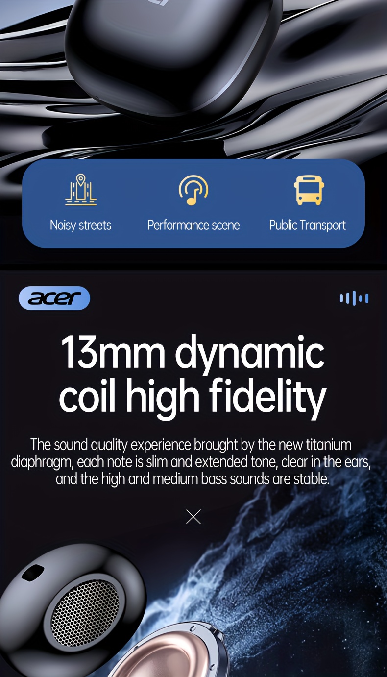 ACER TWS Wireless Earbuds with Deep Noise Reduction - 50h Long Standby, Low Latency, HIFI Stereo Sound, Touch Control, Rechargeable Lithium Battery, Ideal for Running & Sports, Sports Headphones|Ergonomic Design|Durable Plastic