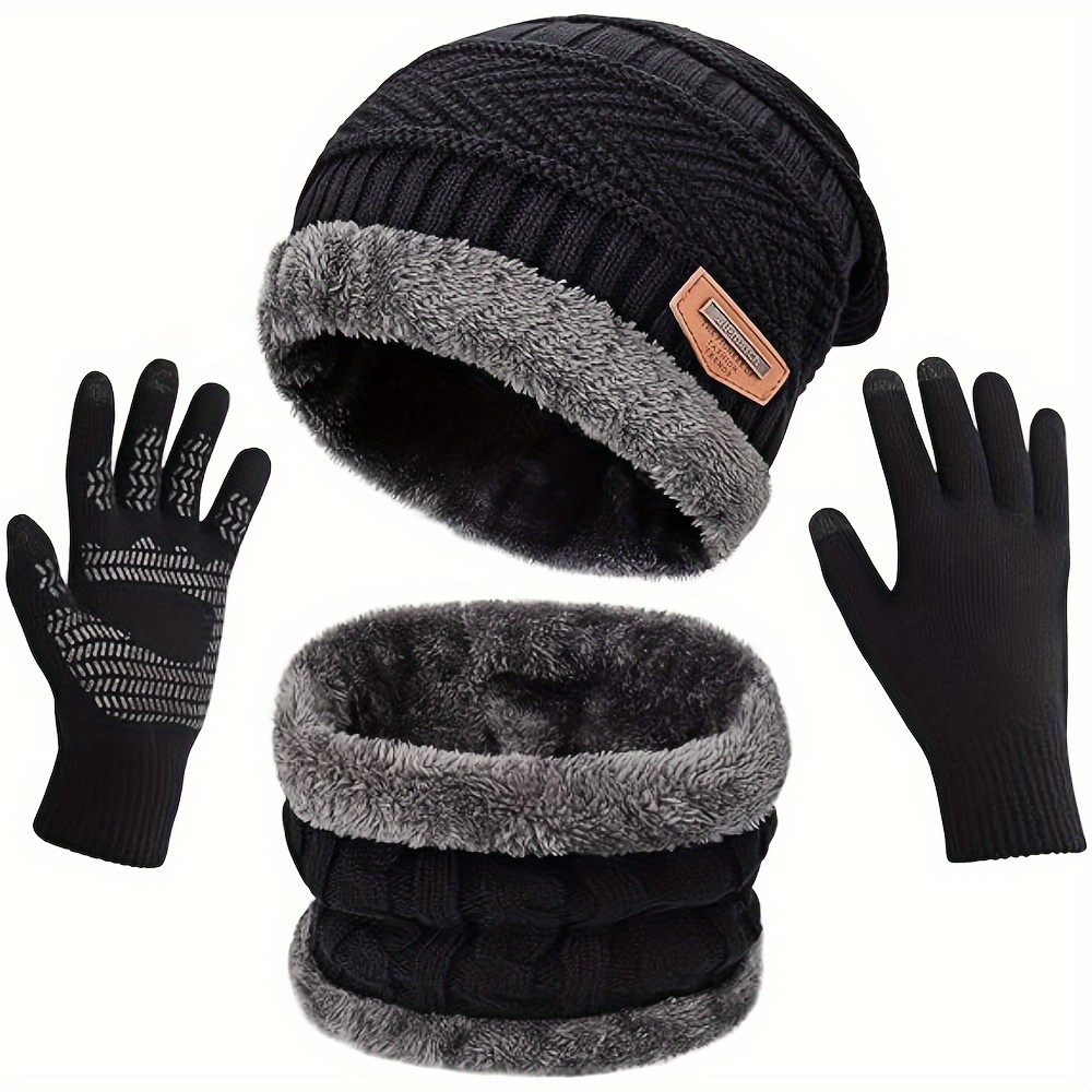 

3pcs Winter Knit Beanie Hat Neck Warmer Scarf And Touch Screen Gloves Set, Fleece Lined Skull Cap For Men Women