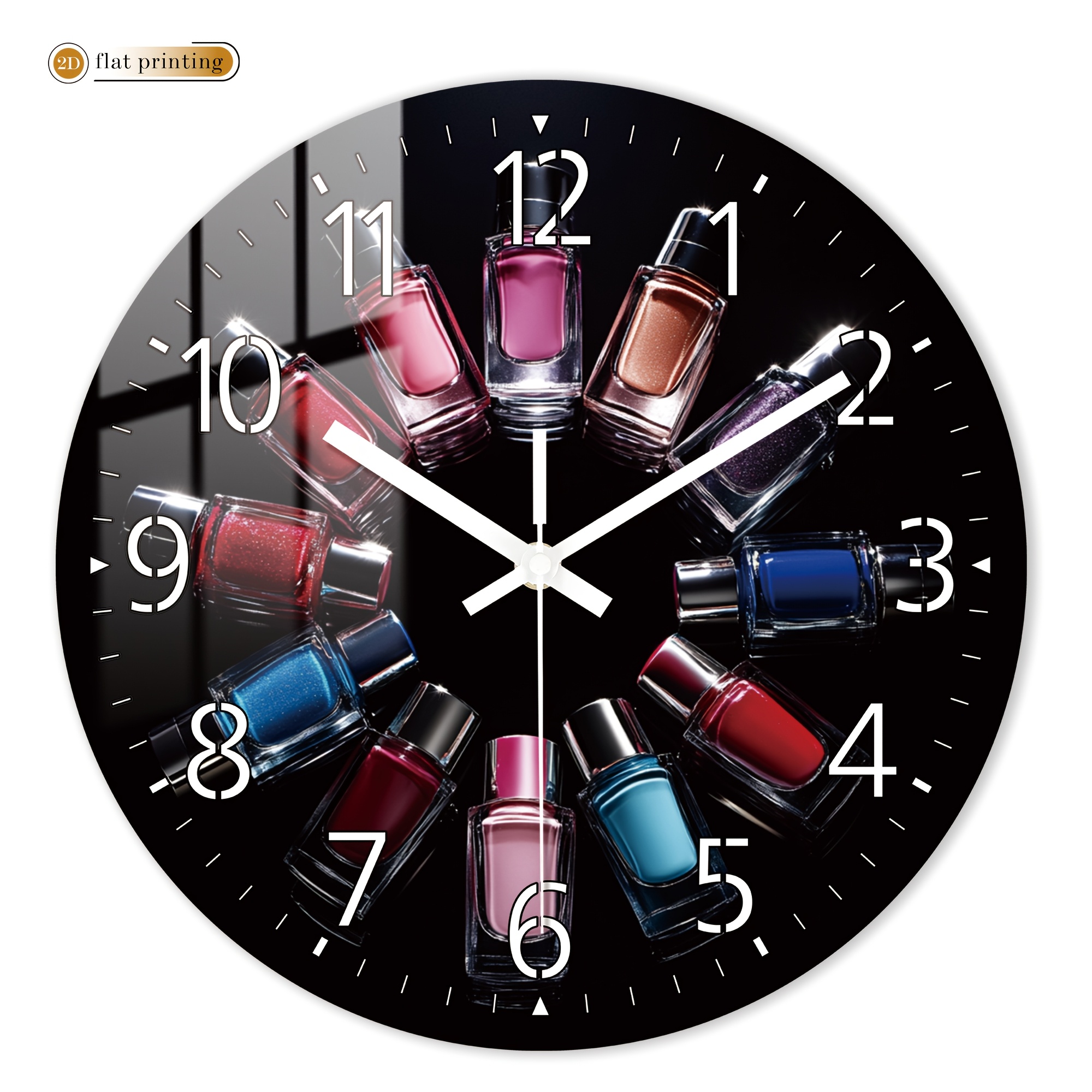 TEMU Nail Polish Bottles Around Clock Face, Wooden Home Silent Wall Clock - 2d Flat Printed Quartz Clock, Suitable For Decorating Living Rooms,