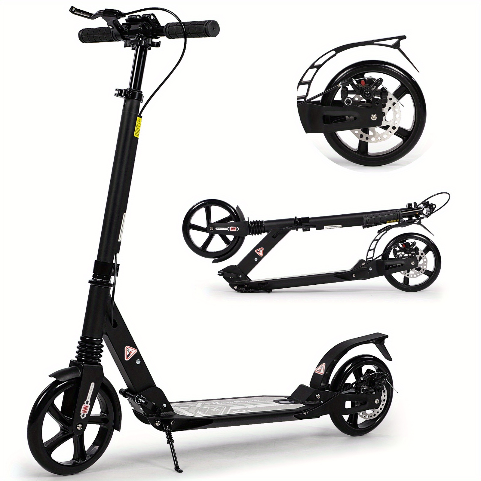 Adult Kick Scooter, Non-motorized With 200 Mm Large Wheels, Features Disc Brakes, Back Strap, And Double Suspension, Foldable Design, Without Battery