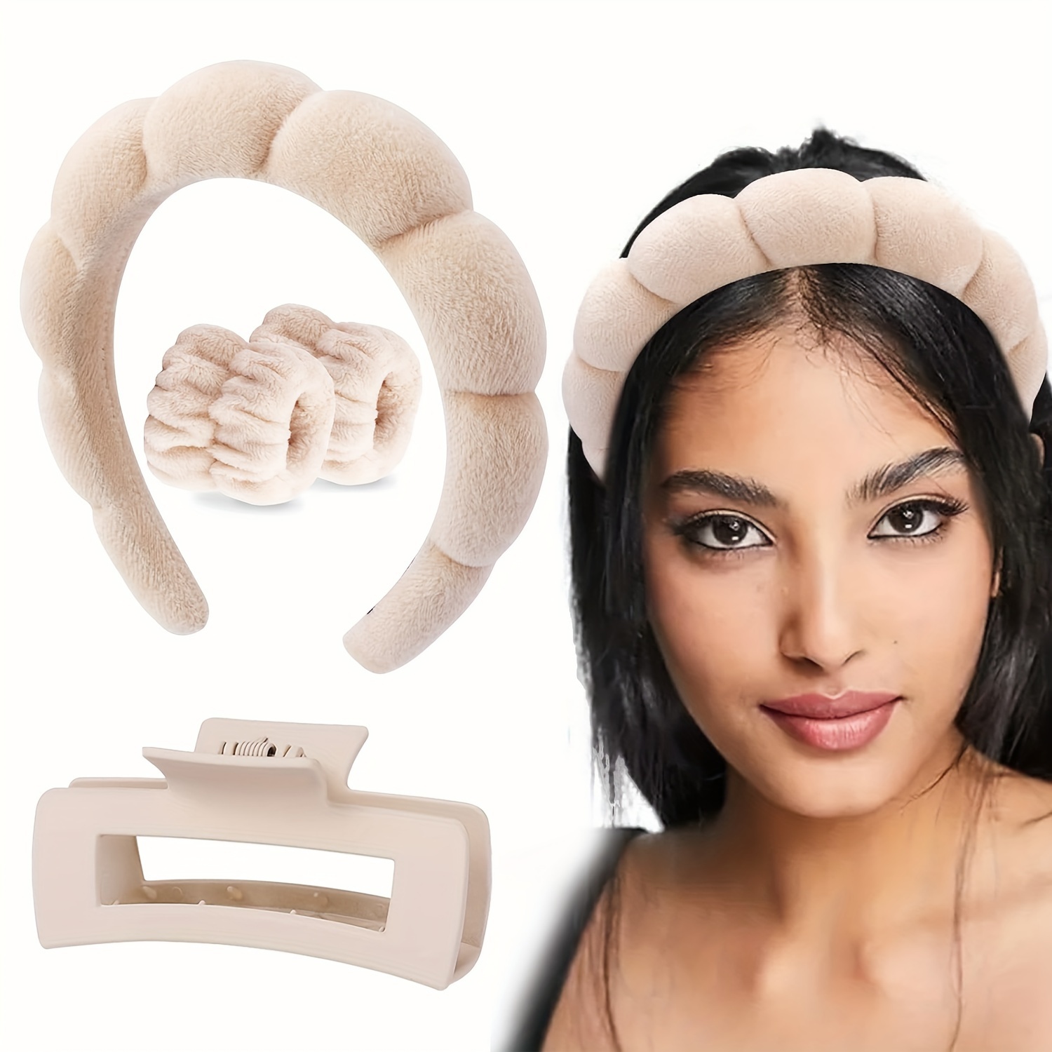 

4-piece Women's Spa Headband And Wristband Set With Large Claw Hair Clip, Fluffy Makeup Hairband Kit For Face Washing And Skincare, Enhancing Accessories, Unscented, For Normal Hair - Zhenzhuacc