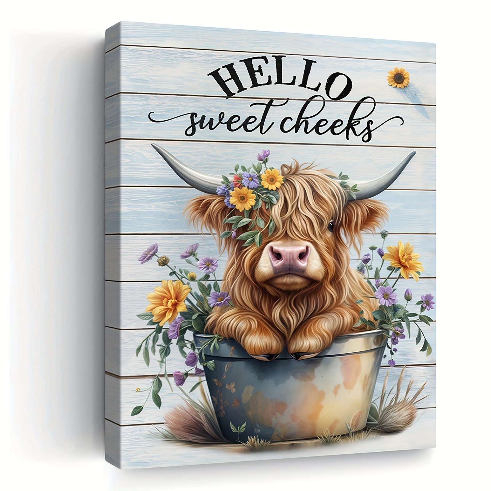 

1pc Framed Canvas Poster, Rustic Flowers Highland Cow Painting, Canvas Wall Art, Artwork Wall Painting For Gift, Bedroom, Office, Living Room, Cafe, Bar, Wall Decor, Home And Dormitory Decoration