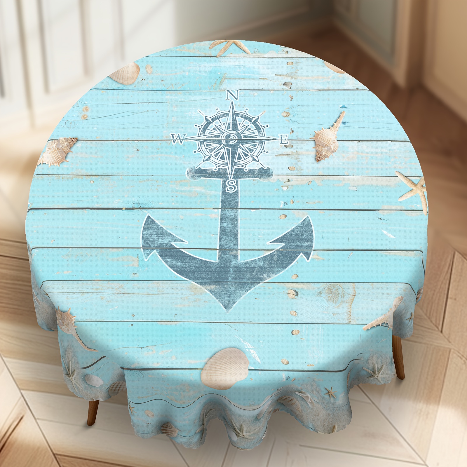 1pc Nautical Tablecloth With Shell, Starfish & Anchor - Light Grain Marine Theme Suitable For Indoor/outdoor Use, Beach Parties, Coastal Dining - - Table