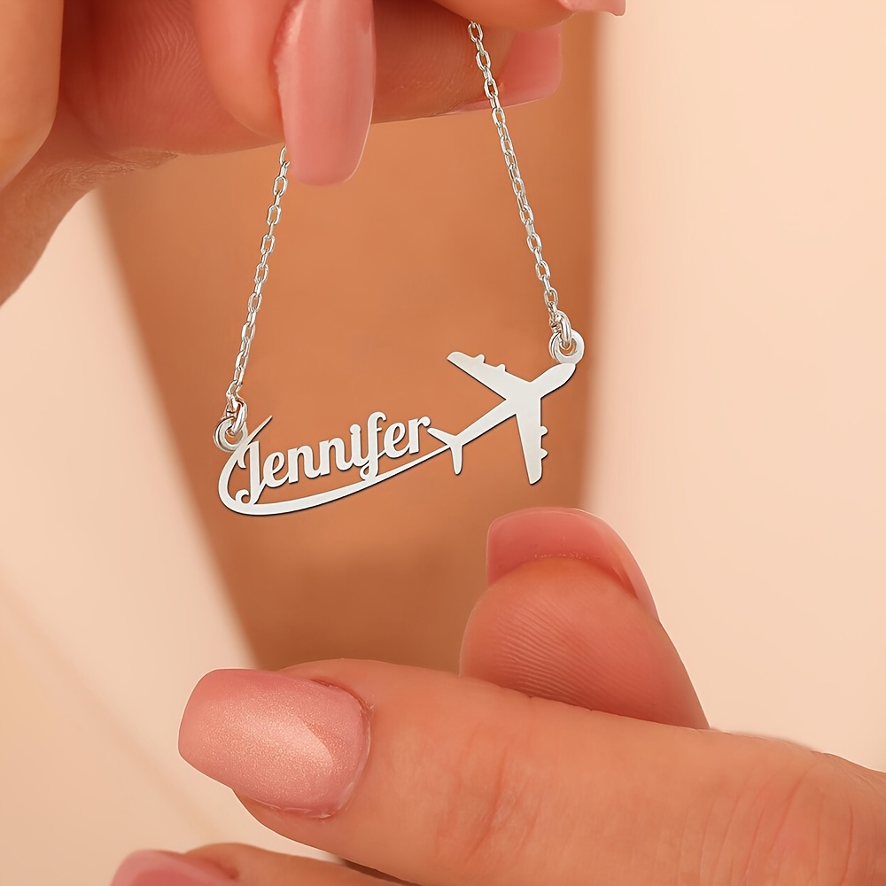 TEMU Stainless Steel Personalized Airplane Name Pendant Necklace, Fashion Custom Jewelry, Holiday Gifts, Unique Birthday Presents, Suitable For Daily