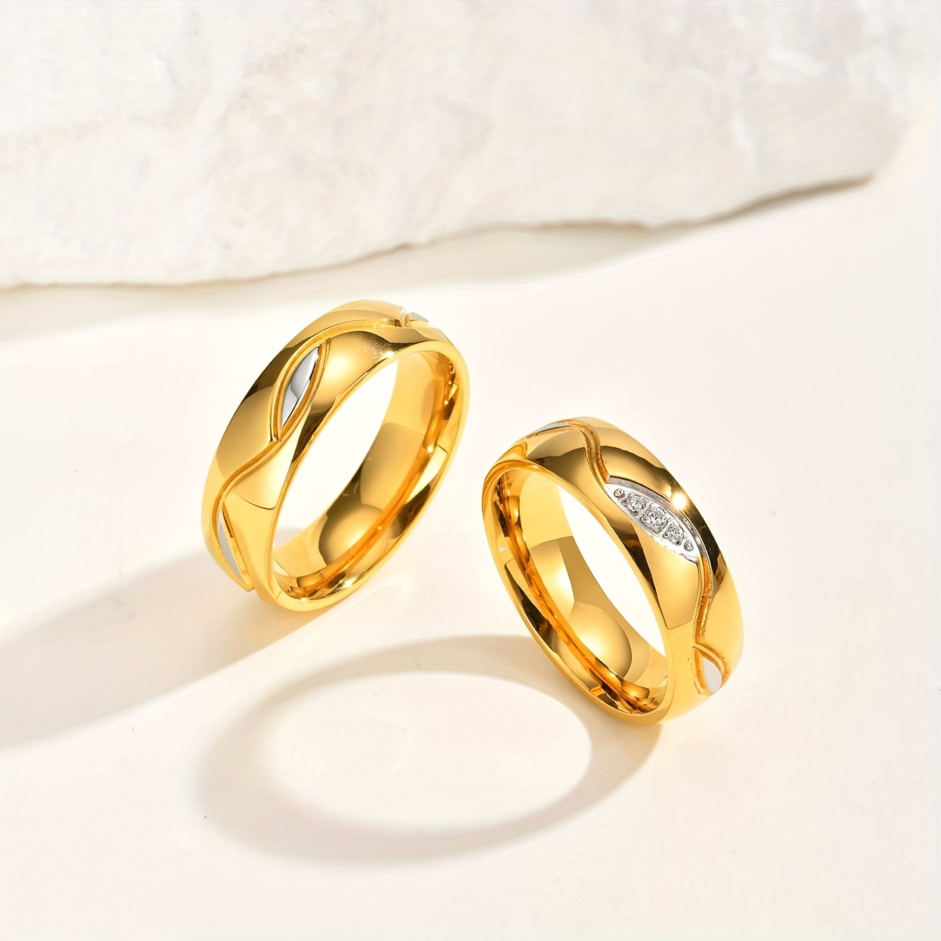 TEMU 2pcs Set Customized Personalized Wedding Rings, Elegant 18k Gold-plated Stainless Steel Rings With Sparkling Synthetic Zirconia - Luxurious