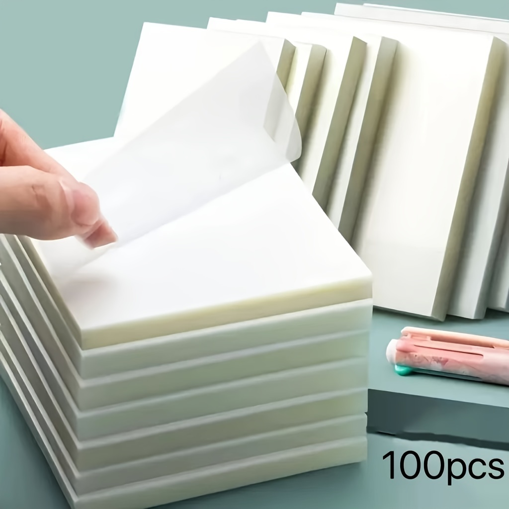 100pcs Transparent Sticky Notes - Waterproof, Medium Square Memo Pads For Students & Office Use