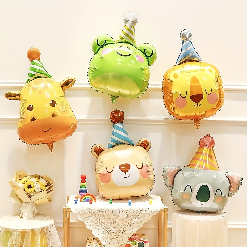 Decorative Animal Balloons Featuring A Bear, Giraffe, Lion, Frog, And Sloth For A Or Jungle-themed Birthday Or Shower Celebration