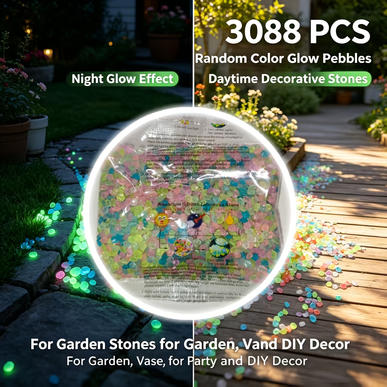 TEMU 3088pcs Outdoor Glow Stones, Random Colors, Suitable For Landscape, Aquarium, Garden Path, Bonsai Soil, Garden Border, Fish Tank, Flower Pot,