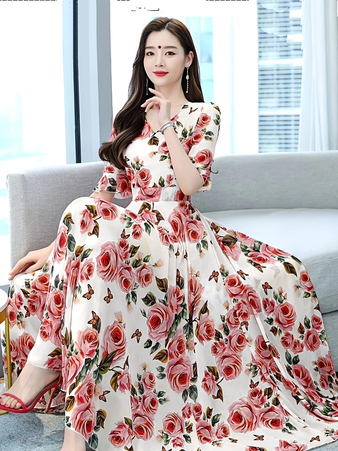 Women's Floral Print V-Neck Dress with Elastic Waist Flowy Skirt  Korean-Inspired Lightweight Machine-Washable Dress for Spring Summer Fall,  Casual - Main Image