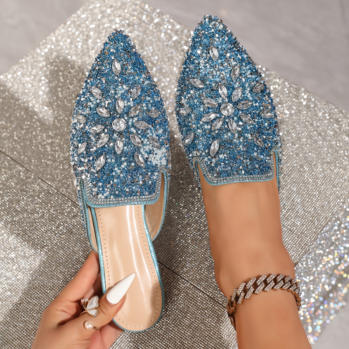 TEMU Women's Fashion Crystal Flats, Exquisite Sparkling Heart-shaped Rhinestone Embellishment, Comfortable Ankle Strap Sandals, Daily Elegant ,