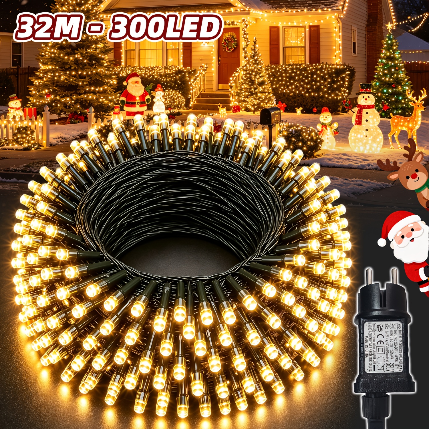TEMU Lot de 1 bande lumineuse d'extérieur 12/22/32 /200/300 LED, guirlande lumineuse décorative de Noël pour extérieur, alimentée par prise, 12