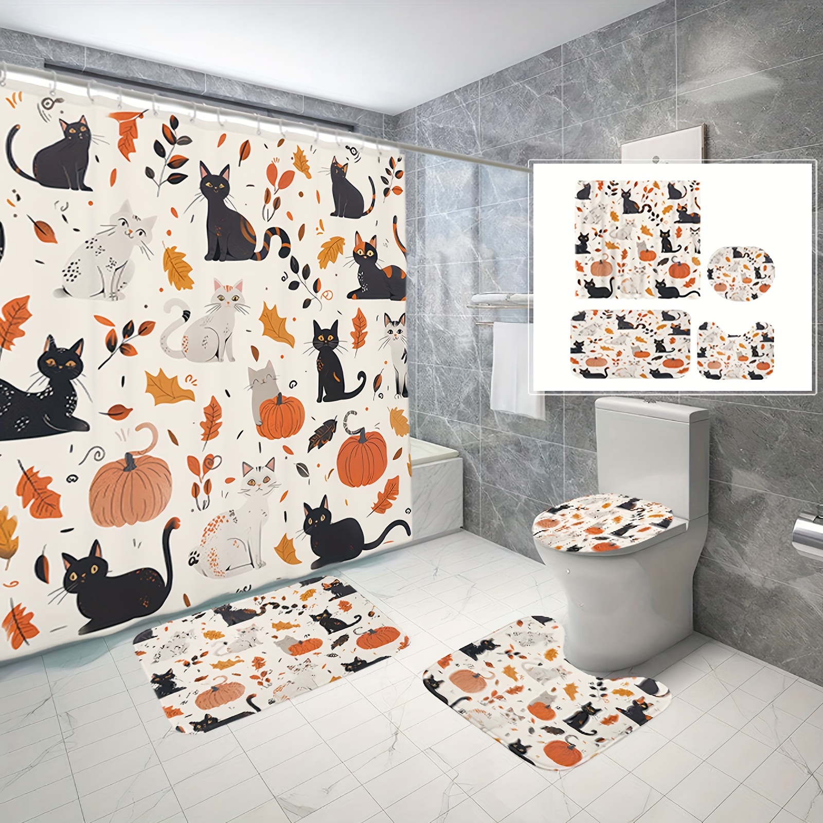 

1/3/4pcs Halloween Cat , Pattern Polyester , Curtains For , 12 , Bathroom , And U-shaped