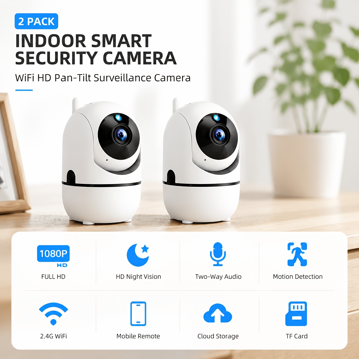 Image of 2-pack 1080p 2.4g Wifi Indoor Pan Tilt Security Camera, Night Vision Tracking Pet Monitor