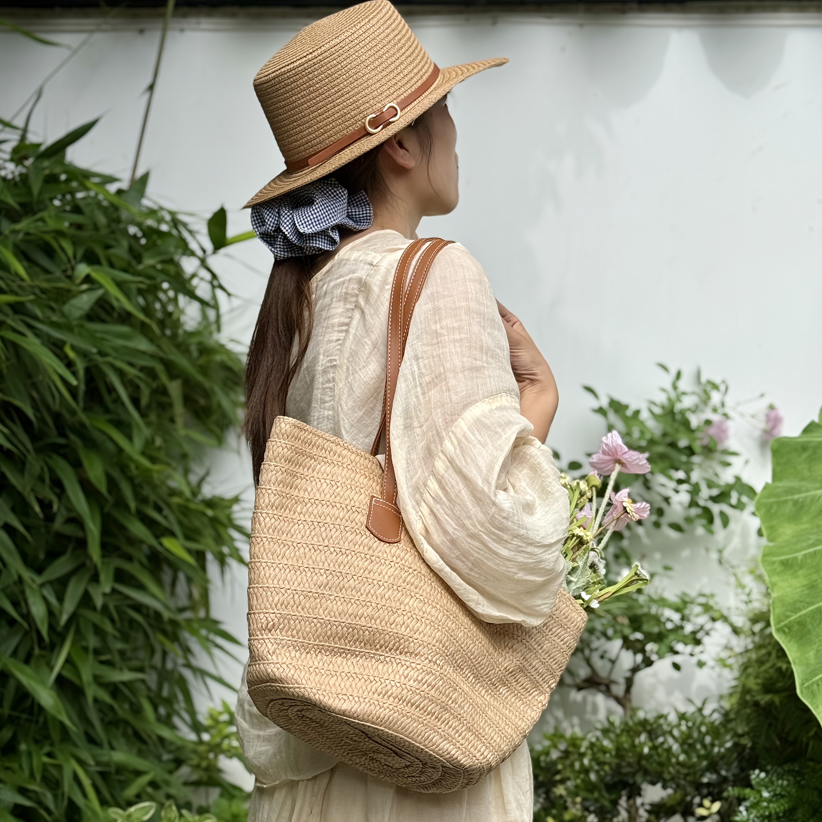 2pcs Elegant Beach Hat + Woven Tote Bag Set, Stylish Large-Capacity Vacation-Style Women's Shoulder Bag, Elegant Strap Accent Beach Hat, Suitable for Seaside Travel, Outdoor Outings, and Other Occasions, Birthday Gift, Valentine's Day Gift