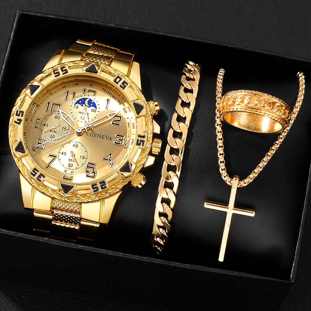 4pc business mens round quartz watch fashion accessories set valentines day easter ramadan birthday christmas gifts for eid al orientation details 1