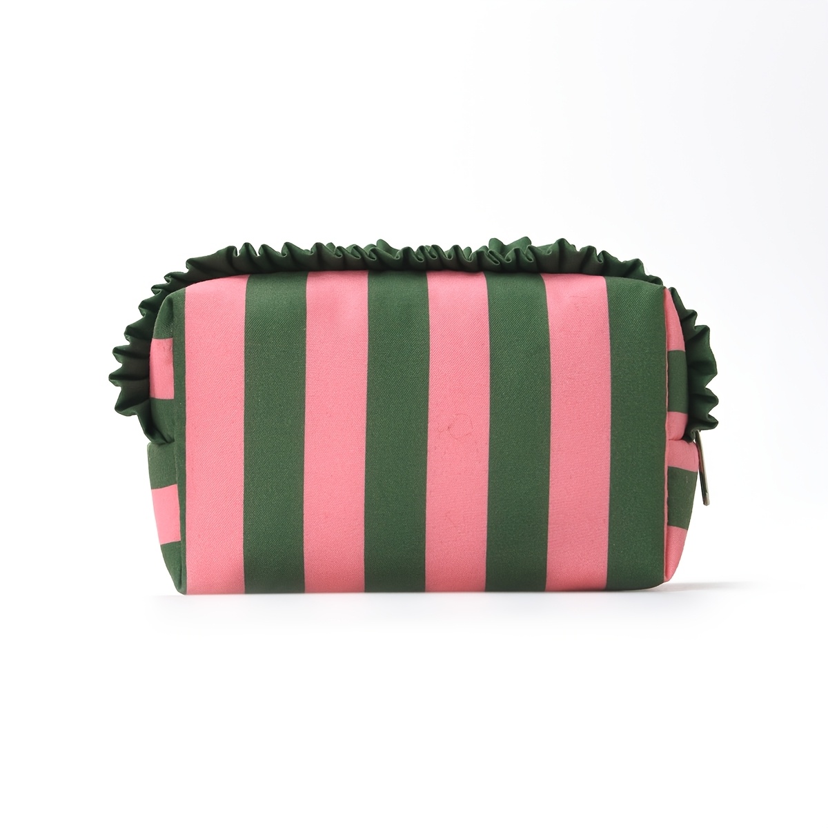 TEMU Neceser de maquillaje portátil para mujer, bolsa de almacenamiento con cremallera, volantes y rayas, neceser de viaje, organizador de cosméticos