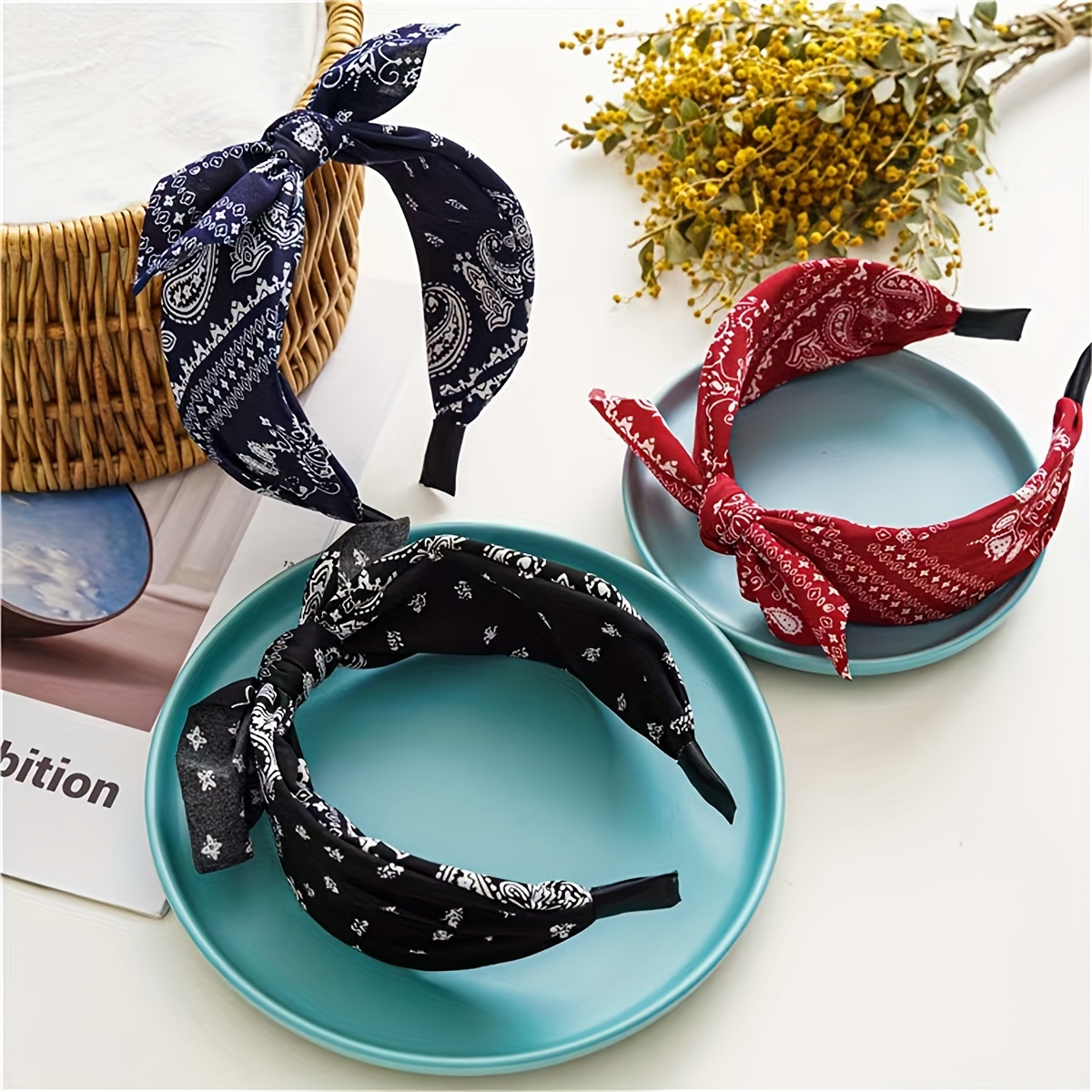 

3 Pcs Women's Fashionable Paisley Printed Fabric Bow Headbands - High Crown, Suitable For Normal Hair Types, Knitted Material
