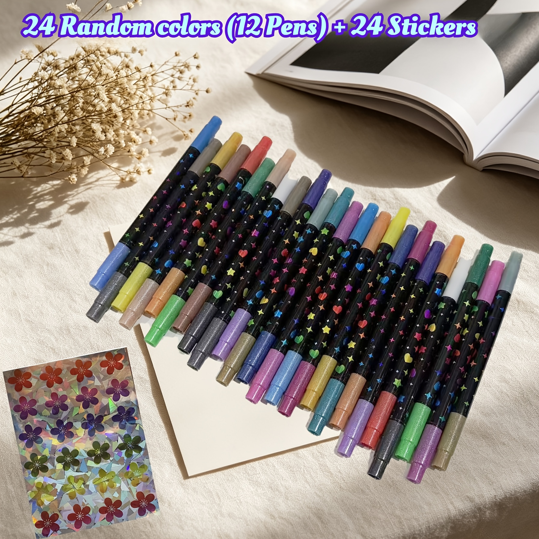 TEMU 24-color Glitter Paint Pen Set (includes 12 Pens In Random 24 Colors + 24 Small Flower Stickers) - Glittering Doodle Watercolor Pens,