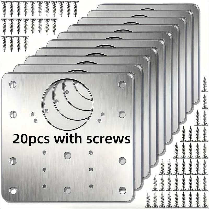20pcs Stainless Steel Hinges, Door Cabinet Repair Kit With Flat Brackets & Screws, Durable Door & Cabinet Fixing Plates For Kitchen, Furniture & Dark Boxes