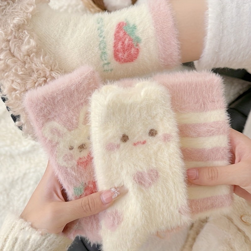 

4pcs Cozy & Cute Plush Winter Socks For Women - Extra Fleece-lined, Soft Polyester Mid-calf Socks With Cartoon Animal & Strawberry Designs, Ideal For & Sleepwear, Cute Socks