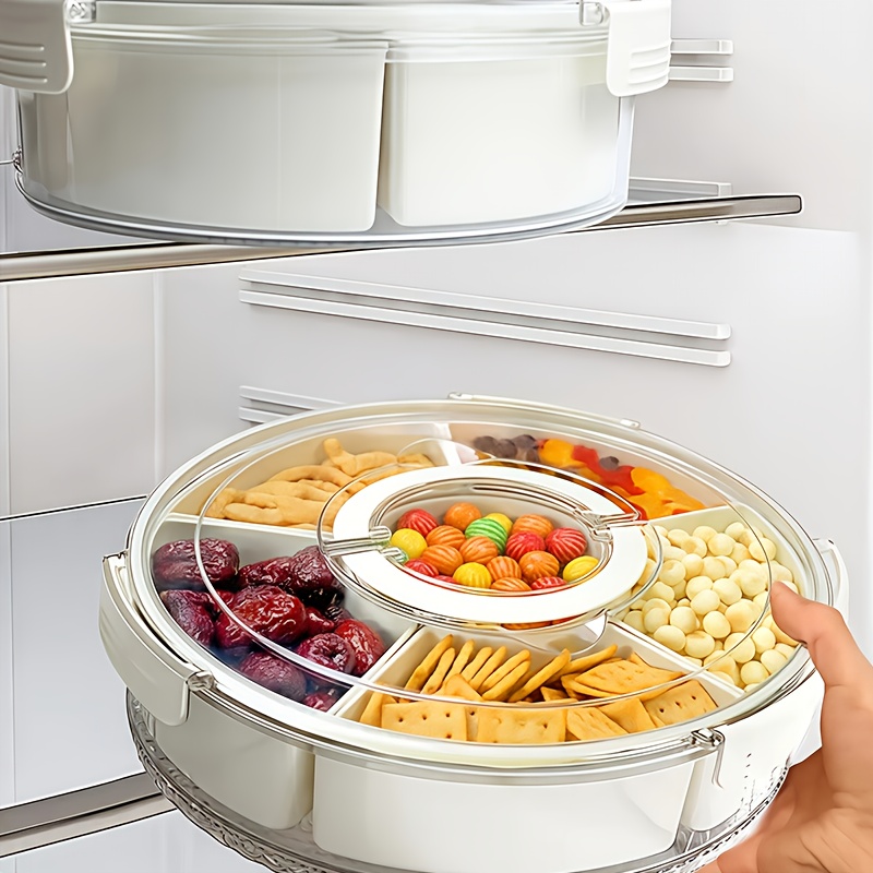 1 portable snack tray durable and transparent 6 compartment design with   rotating base leak proof lid and handle space saving storage container suitable for rvs kitchens picnics parties and travel for rv and home countertops