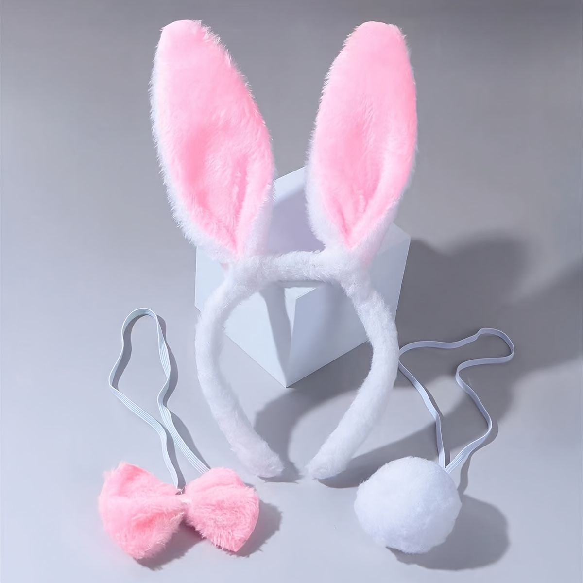 Image of 3pcs Women's Pink Plush Sexy Party Role- Headband With Pink Plush Bow And Set, Suitable For Parties, Gatherings, Festivals, And Performances