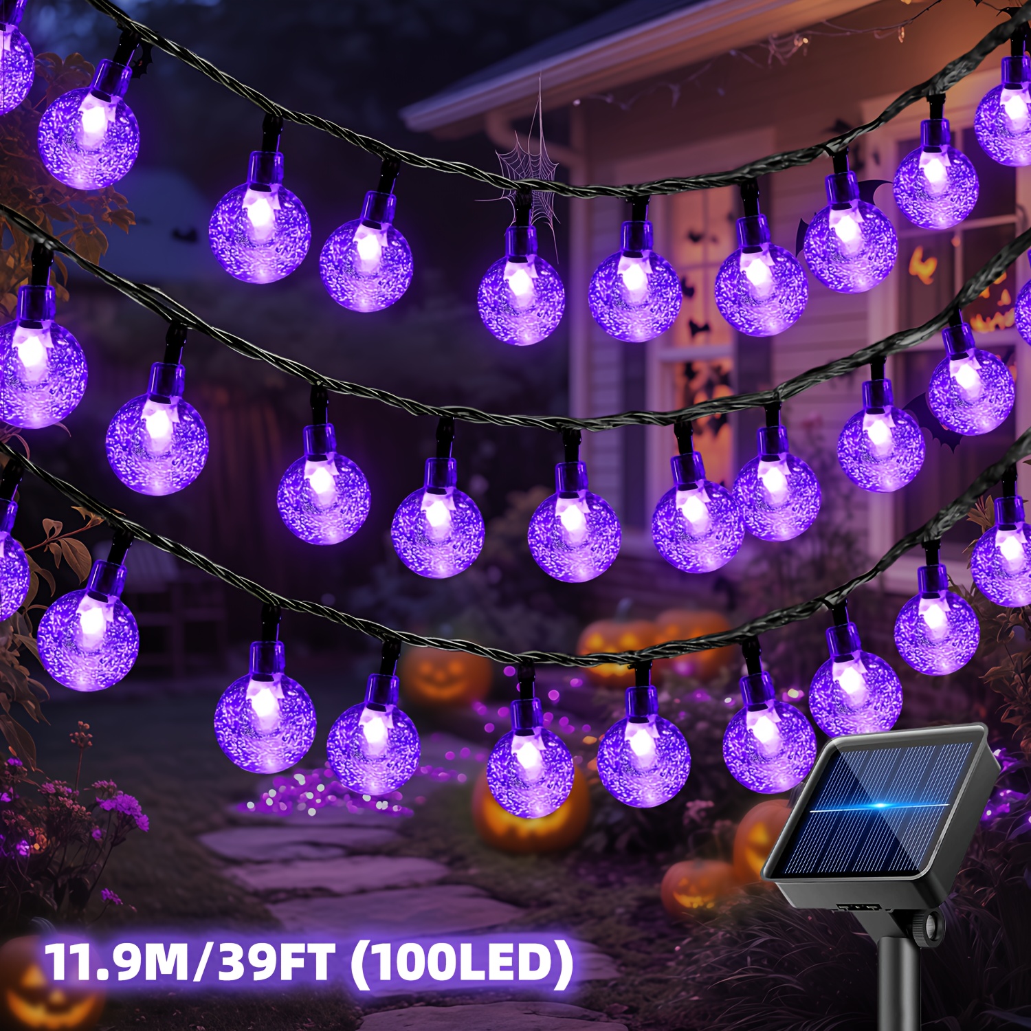TEMU 1 Pack Solar Bubble Ball String Light, 100/50/20led Purple Halloween Decorative Lights, Ip65 Waterproof, 8 Lighting , Light Sensor- Decorative