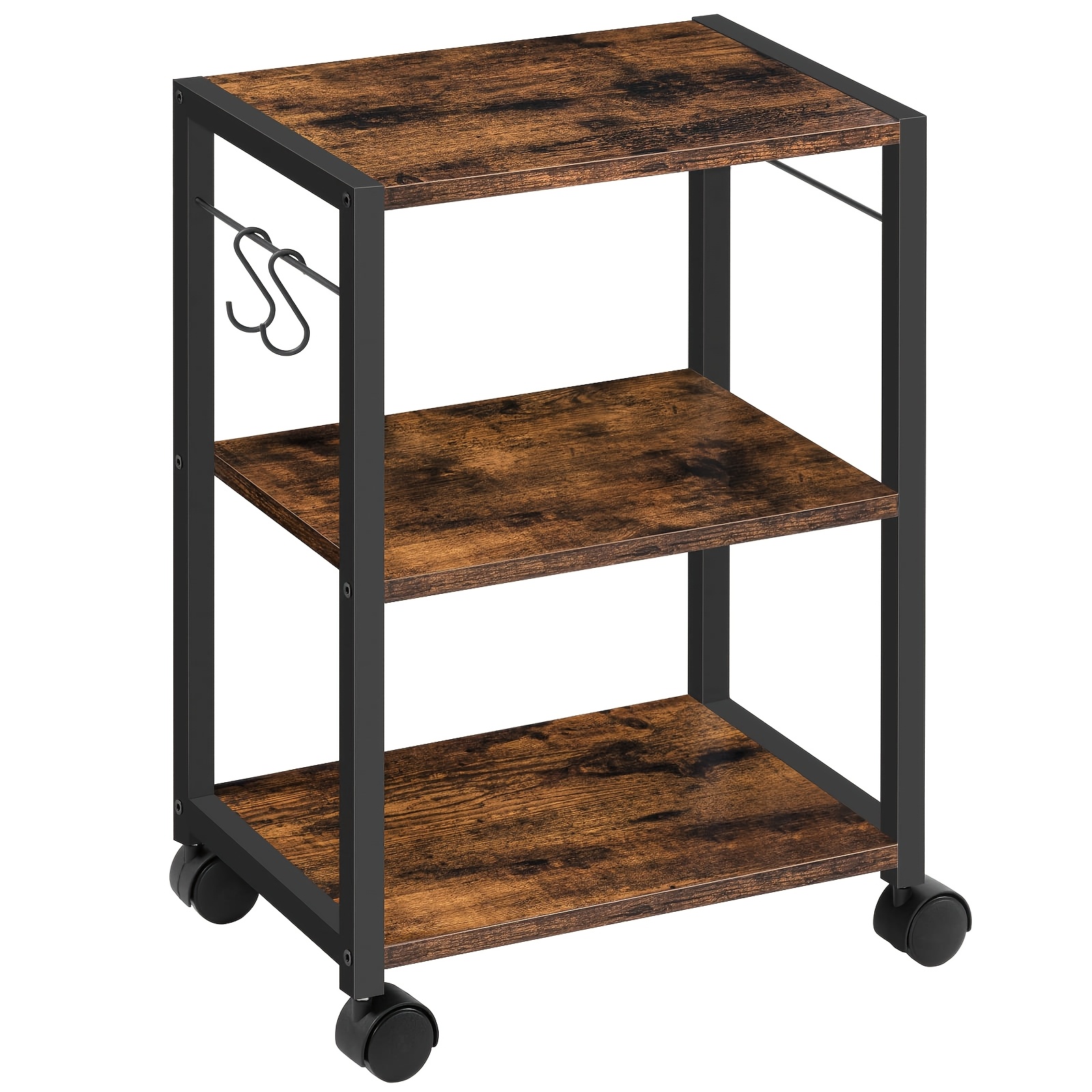 3-tier Under Desk Rolling Cart With Storage Shelves And Printer Stand | Industrial Style, , Suitable For Home And Office, Small Spaces, Iron Construction, Floor Mount With Screw Fastening